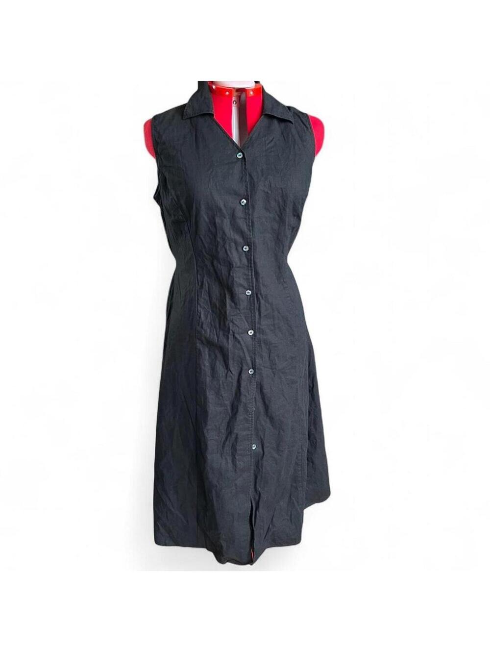 Jaclyn Smith Linen/Cotton Black Sleeveless Midi Dress With Buttons Collar & Tie